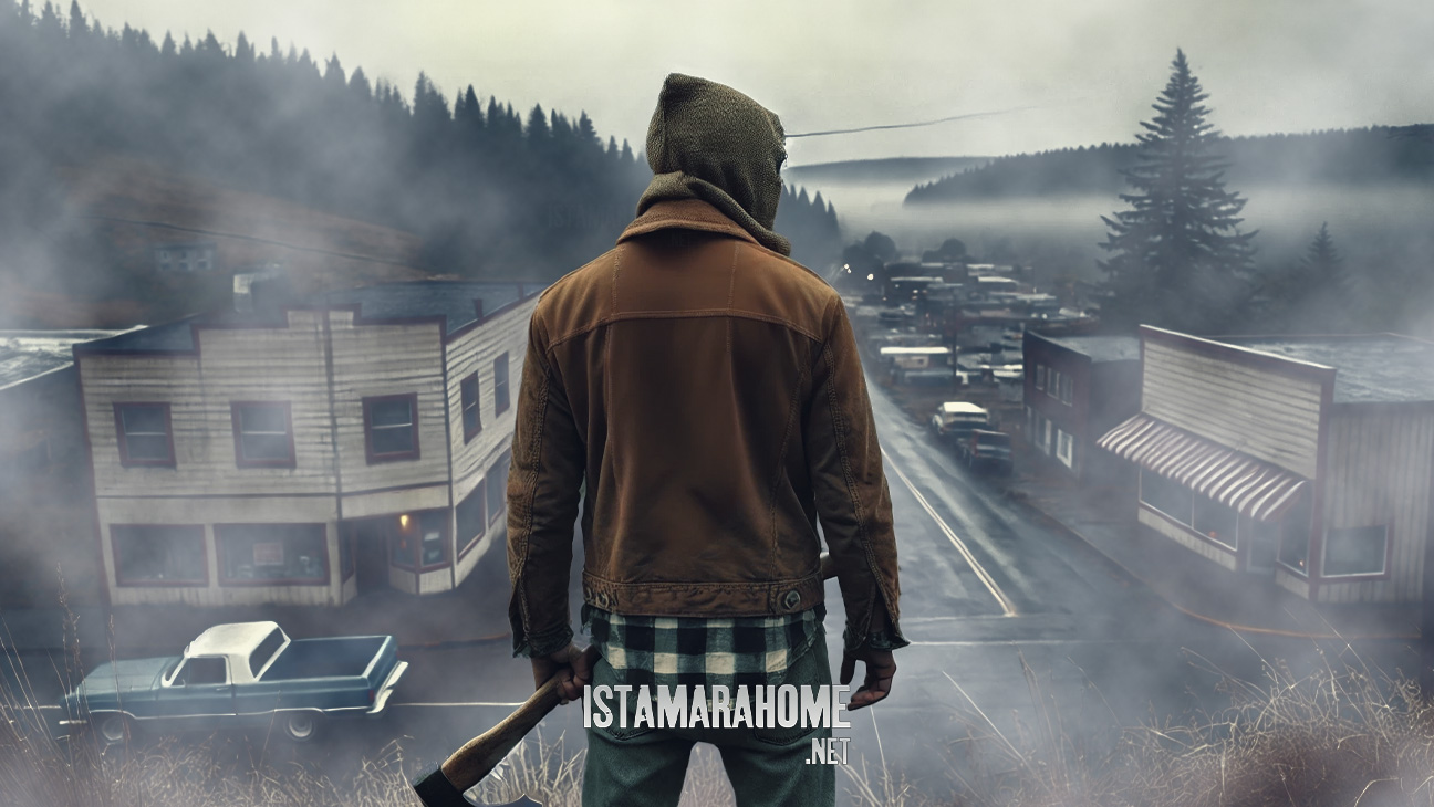 AI Generated Image of Scarecrow from The Strangers Trilogy looking over the town of Venus, Oregon. Generated by IsTamaraHome.net.